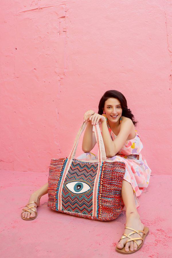 Evil Eye Good Luck Hand Beaded Orange and Blue Tote Bag - Image 6