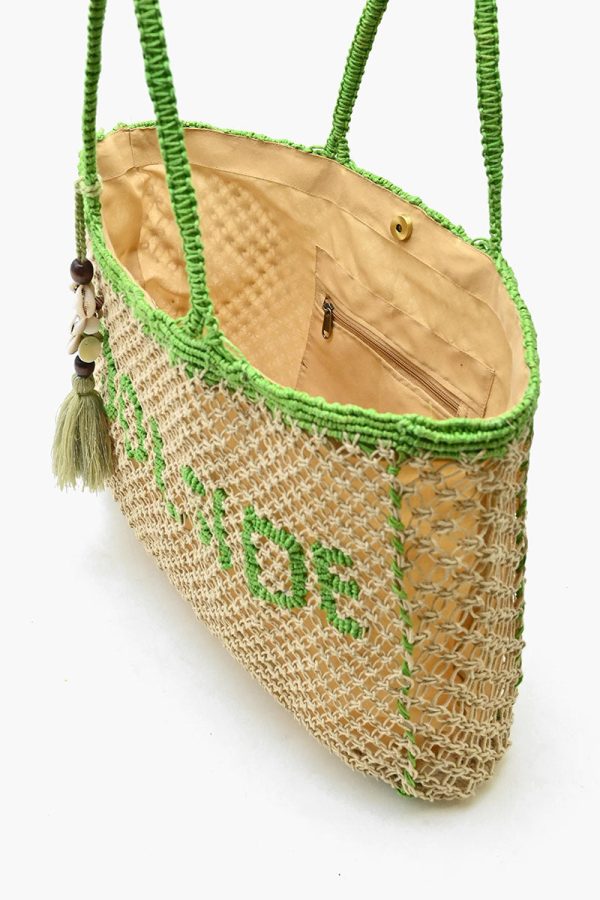 Poolside' Jute Macrame Tote in Beige & Green - Image 5