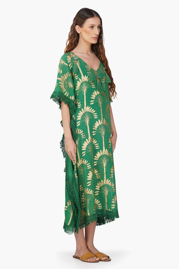 Pine Green Palm Foil Tassel Kaftan - Image 2