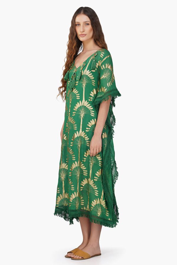 Pine Green Palm Foil Tassel Kaftan - Image 3