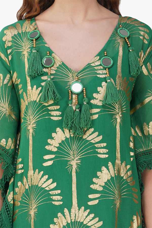 Pine Green Palm Foil Tassel Kaftan - Image 5