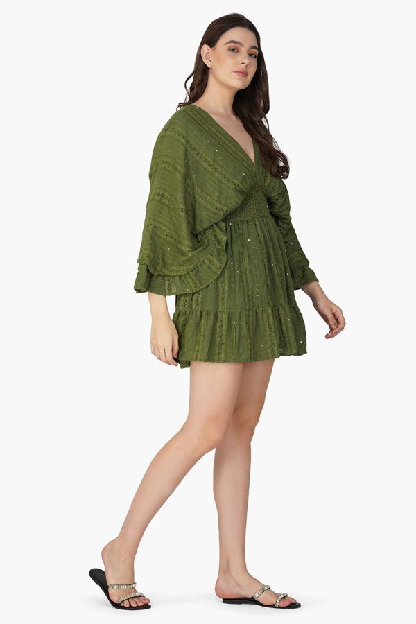 Olive Green Yarn Dyed Short Dress - Image 2