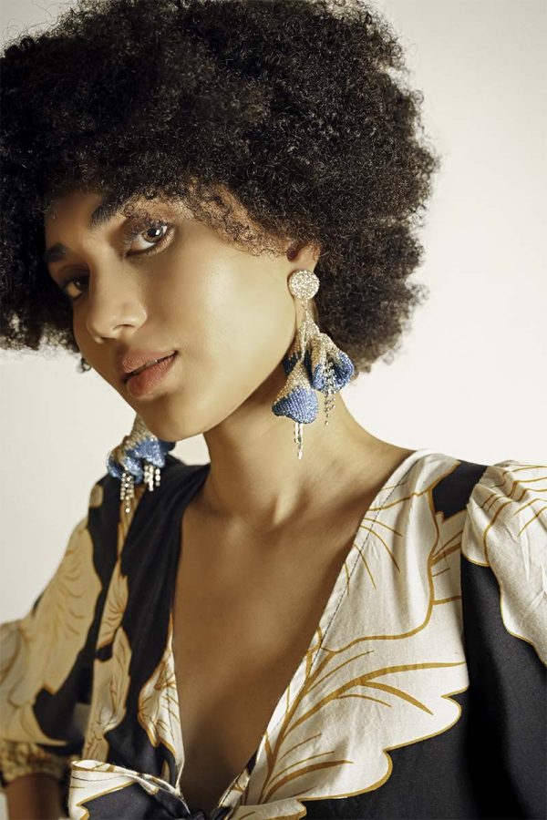 Blue and Silver Petal Drop Earrings - Image 2